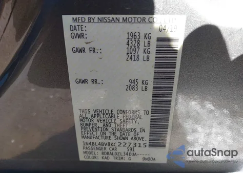 2019 Nissan Altima 2.5 S from USA, damaged, VIN 1N4BL4BV8KC227315